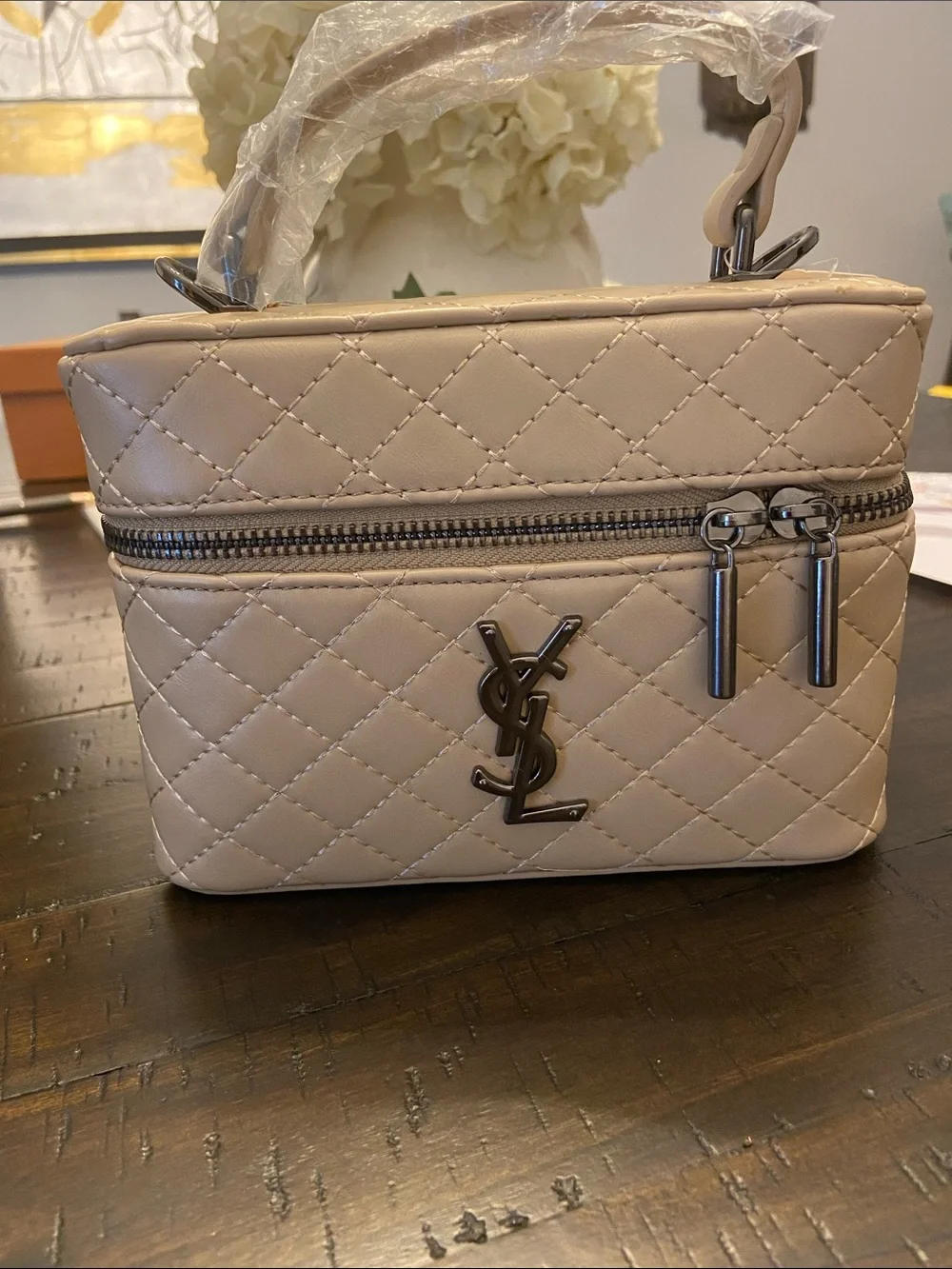 Saint Laurent Quilted Cream Cosmetic Top-Handle Case